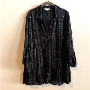 Linda Anderson Black Sequin Oversized Blouse with Notched Collar